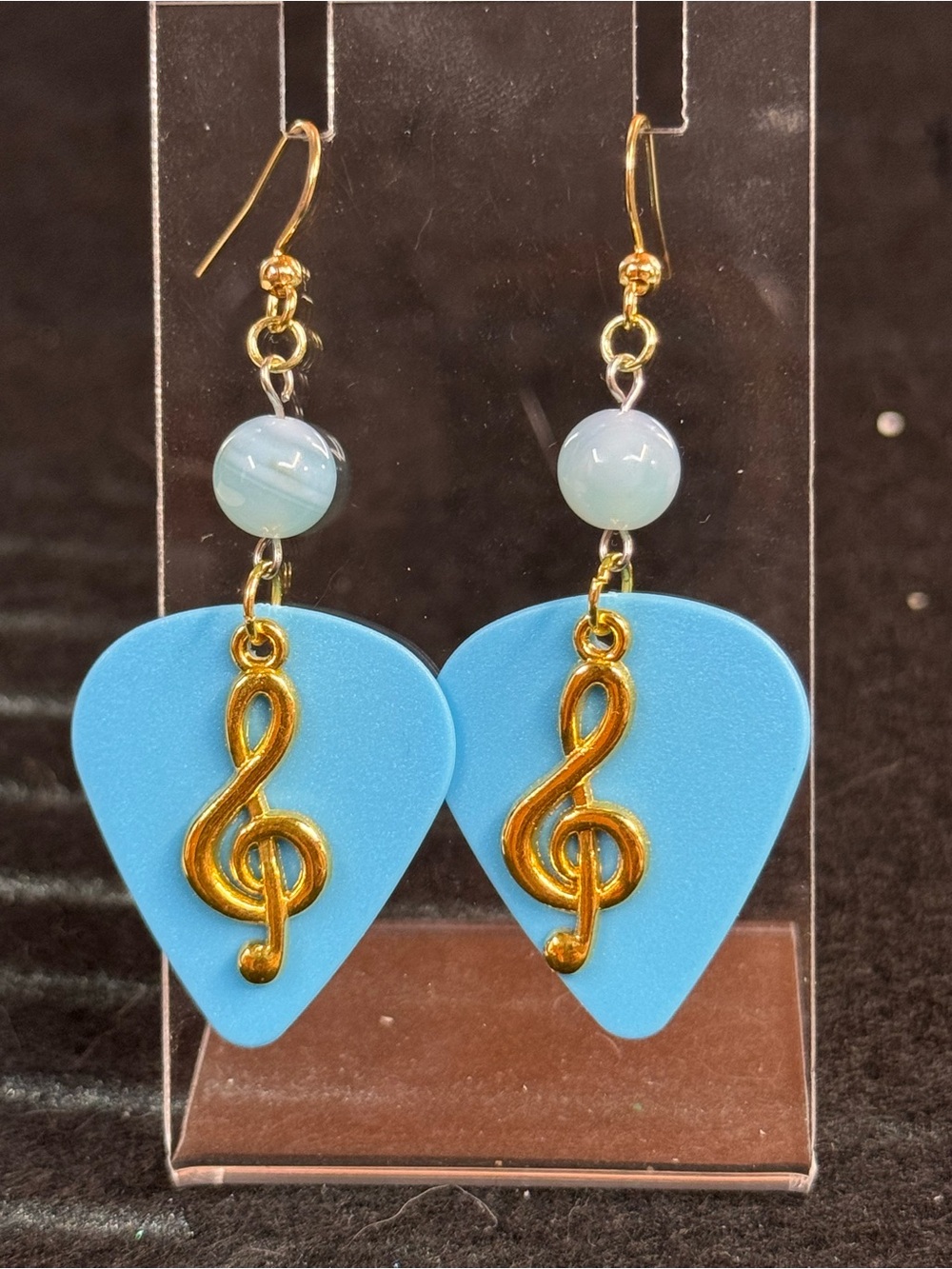 Gold Treble Clef Blue Guitar Pick Dangle Earrings